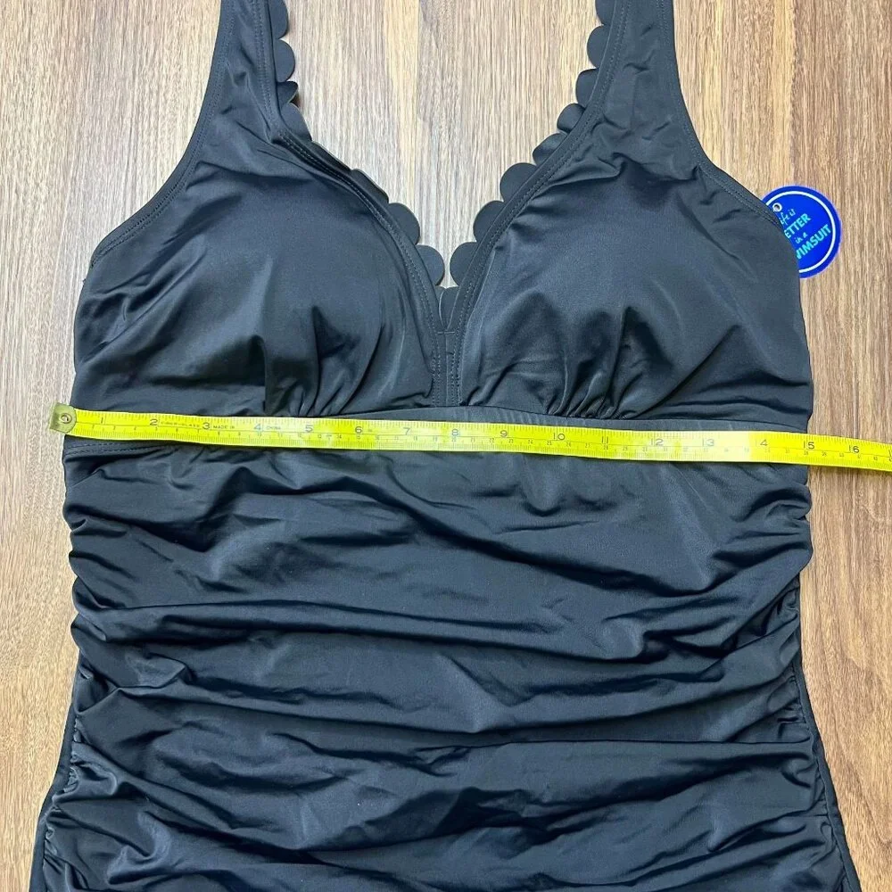 Swimsuits For All NWT One Piece Halter Scallop‎ V Neck Ruching Black Womens 14